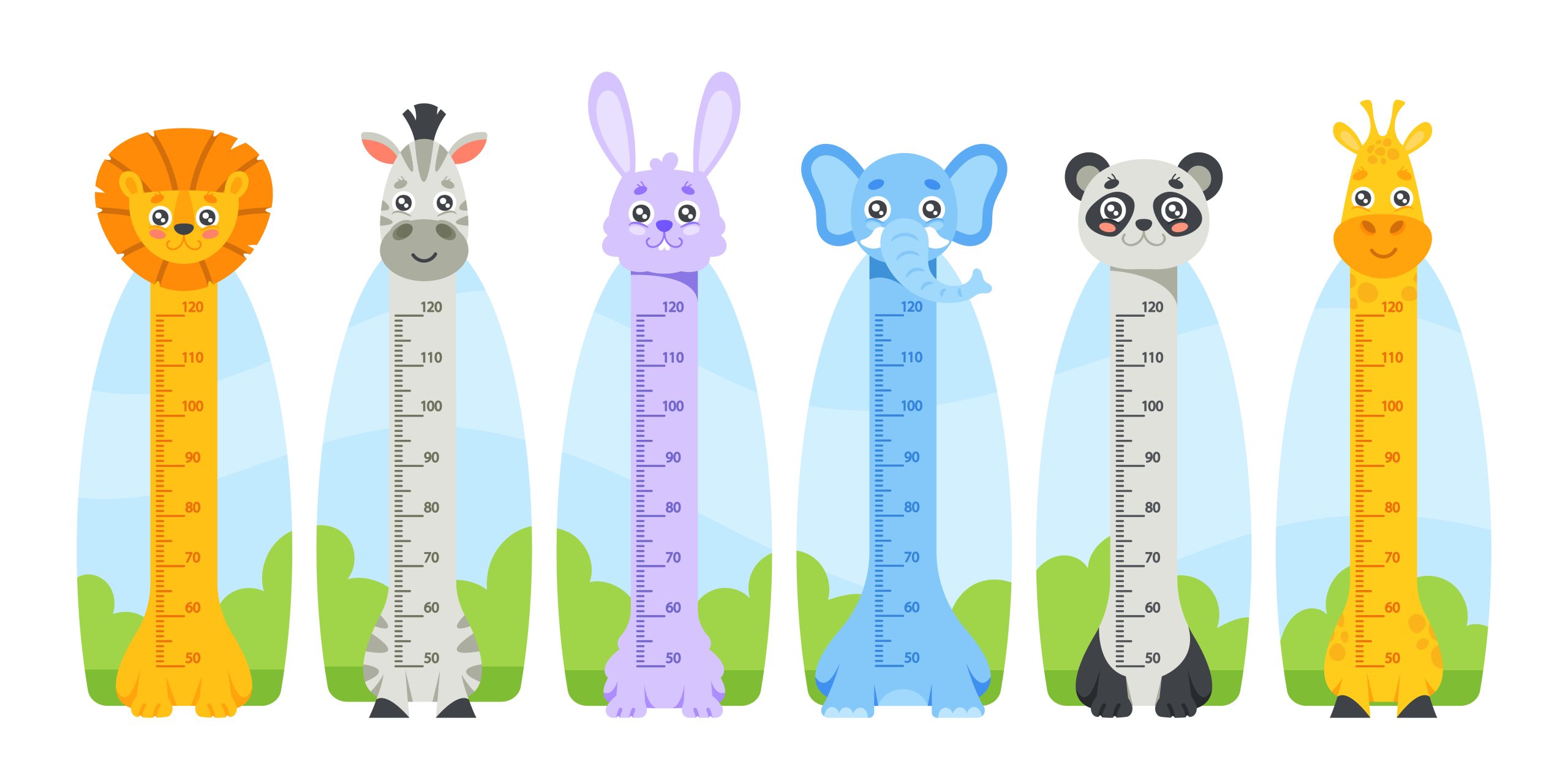 Kids Height Chart with Cute Lion, Zebra, Rabbit, Elephant, Panda, Giraffe Animals Characters. Children Growth Meter 6 طرح استیکر قد طرح حیوانات جنگل